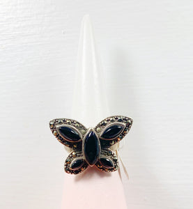 Onyx Butterfly sterling silver ring